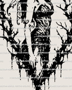 Close view of protective gothic tattoo meaning, fairy in black dress surrounded by thorn frame, occult fantasy tattoo art detail.
