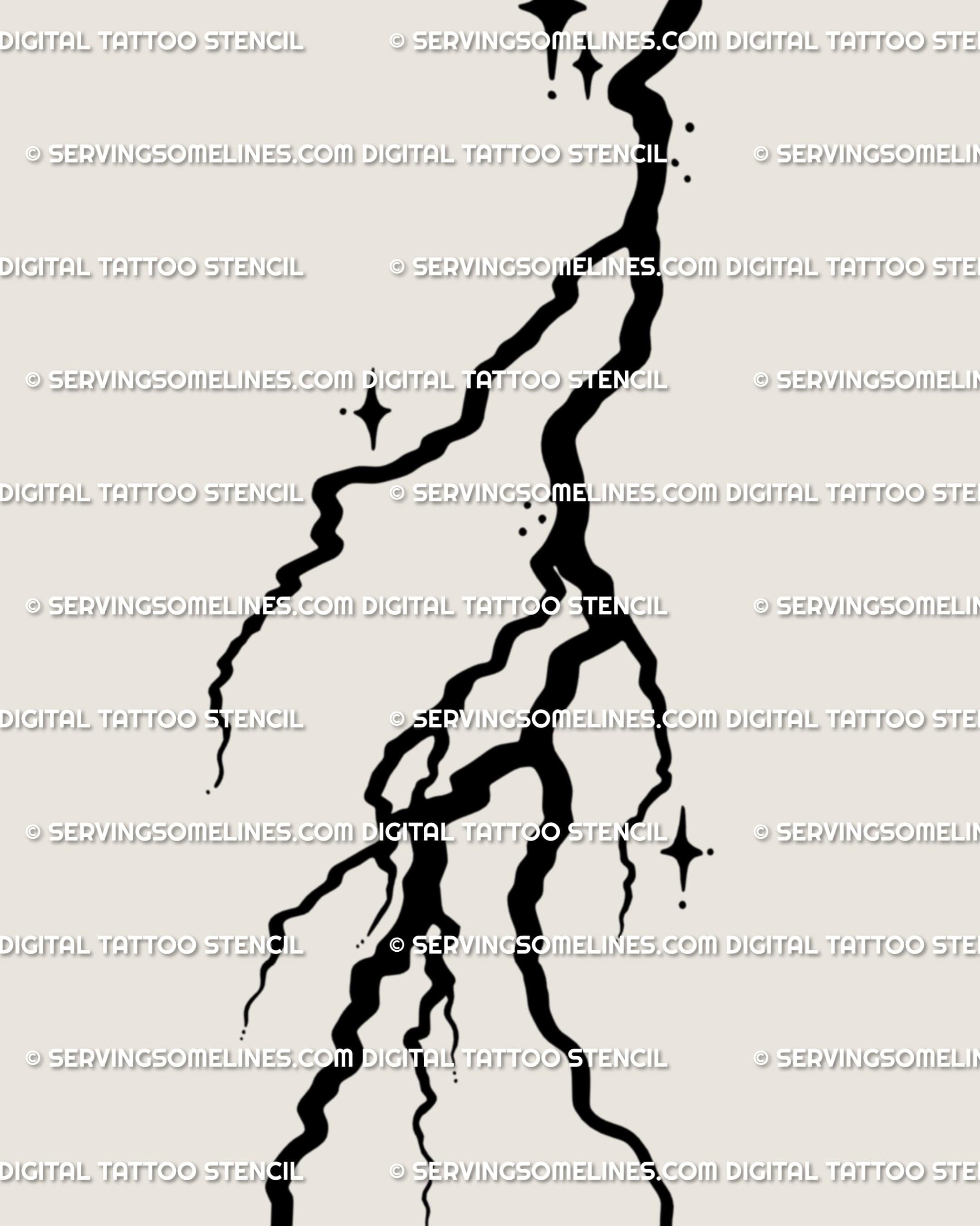 Close-up of punk lightning bolt tattoo stencil with small celestial stars and gothic emo grunge detailing.