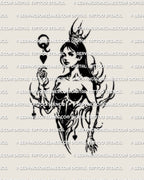 Playing card heart tattoo style queen emblem stencil, crown detail, ornamental strokes, and heart suit charm drops