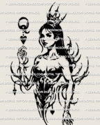Card suit heart tattoo stencil with a queen silhouette and cybersigilism style ornamental linework, Q mark, and heart details