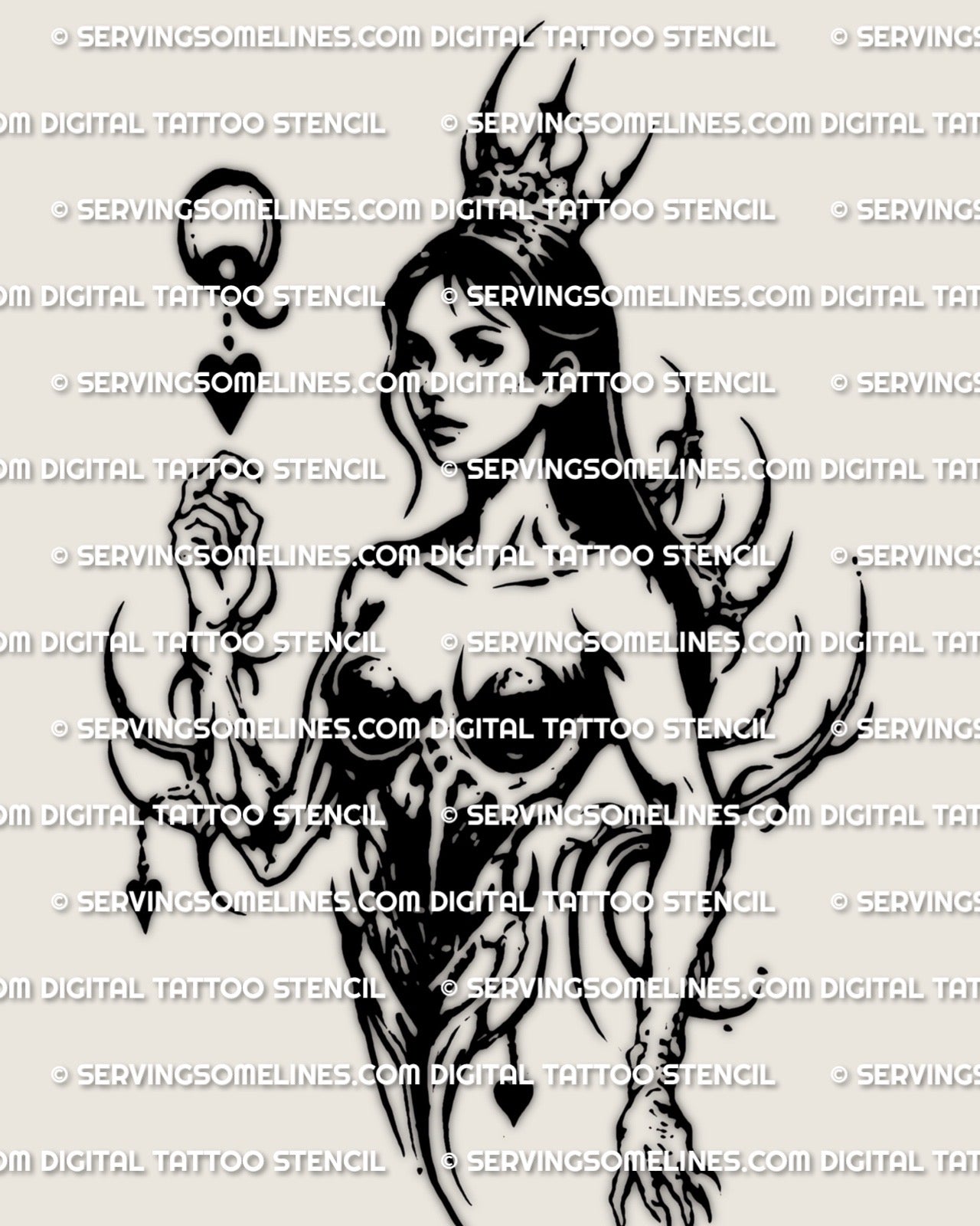 Card suit heart tattoo stencil with a queen silhouette and cybersigilism style ornamental linework, Q mark, and heart details