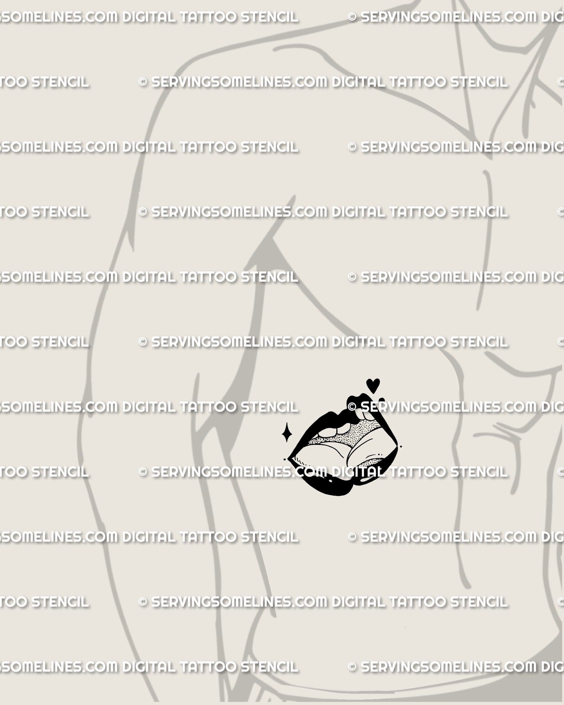 Black lips queer kiss tattoo stencil placed on male side stomach, dark romantic symbol of pride and bold energy. 