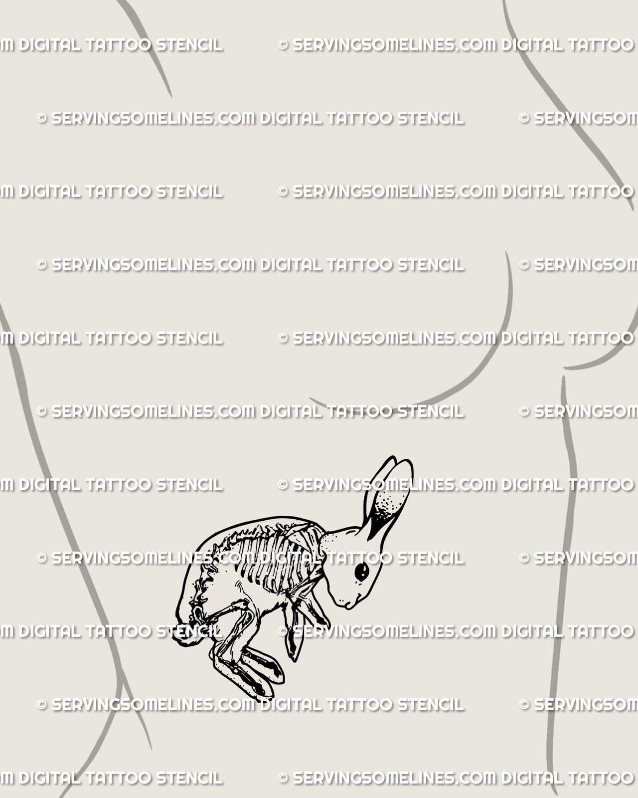 Rabbit skeleton tattoo shown on female ribs, minimalist creepy cute bunny bones flash in black linework.