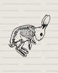 Hand-drawn rabbit skeleton tattoo stencil, creepy cute gothic bunny design in blackwork digital line art style. 
