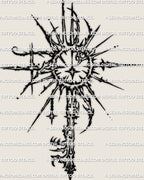 Radiant sun key tattoo stencil design in cybersigilism style, sunburst head, bold outline, clean linework.