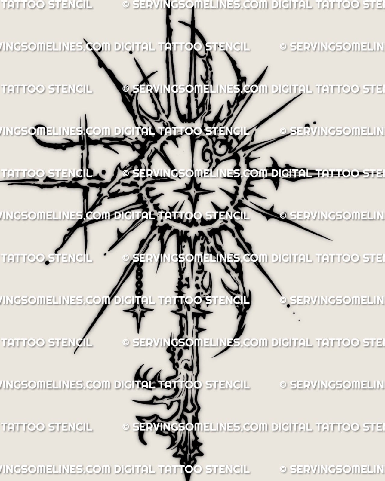 Radiant sun key tattoo stencil design in cybersigilism style, sunburst head, bold outline, clean linework.