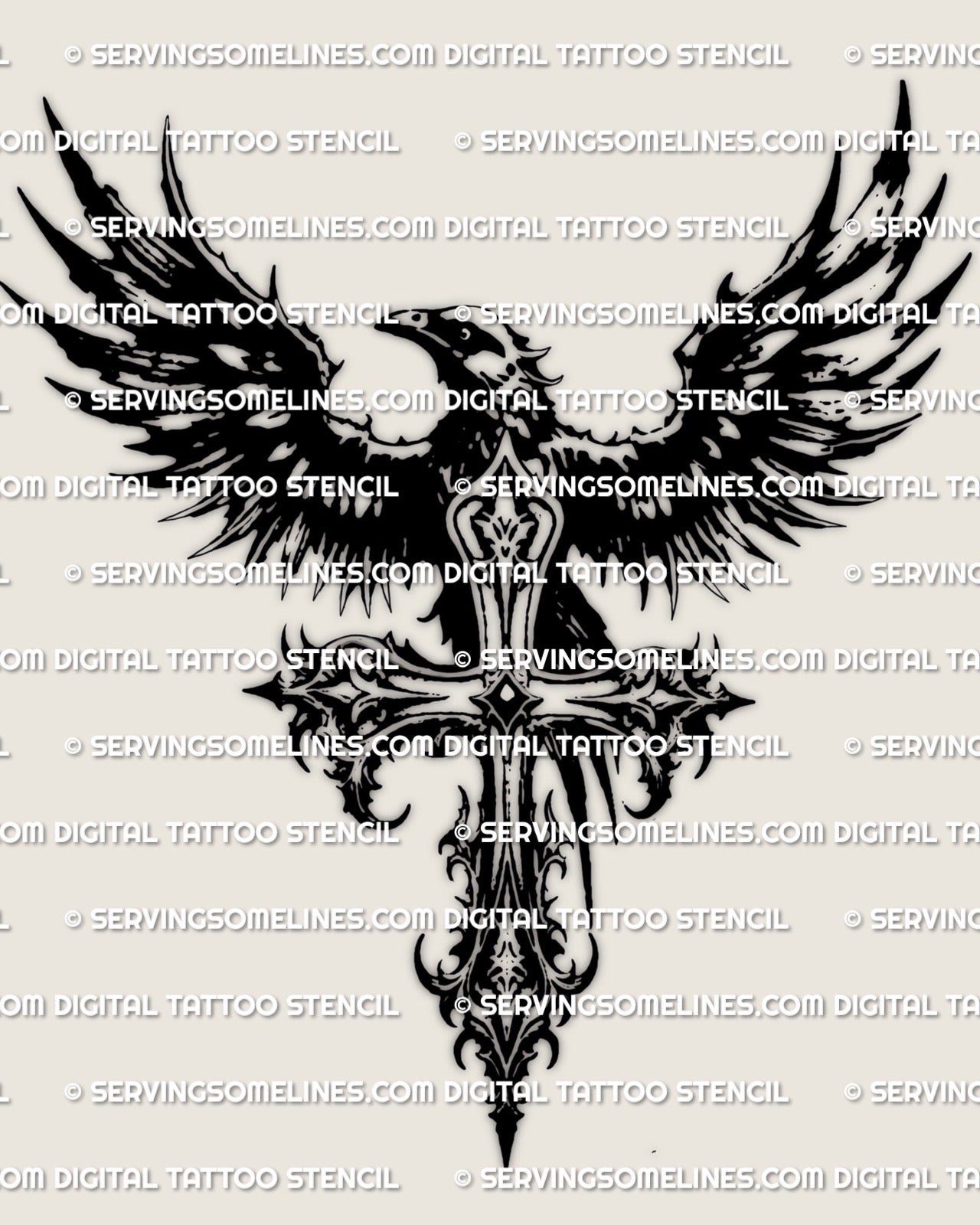 Raven cross tattoo stencil in gothic dark bird style, printable PNG and PDF for clean professional stencil transfer.