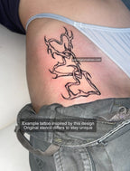 Real tattoo example on feminine hip bone placement, cybersigilism heart chain design with spiky gothic links and soft tribal flow.