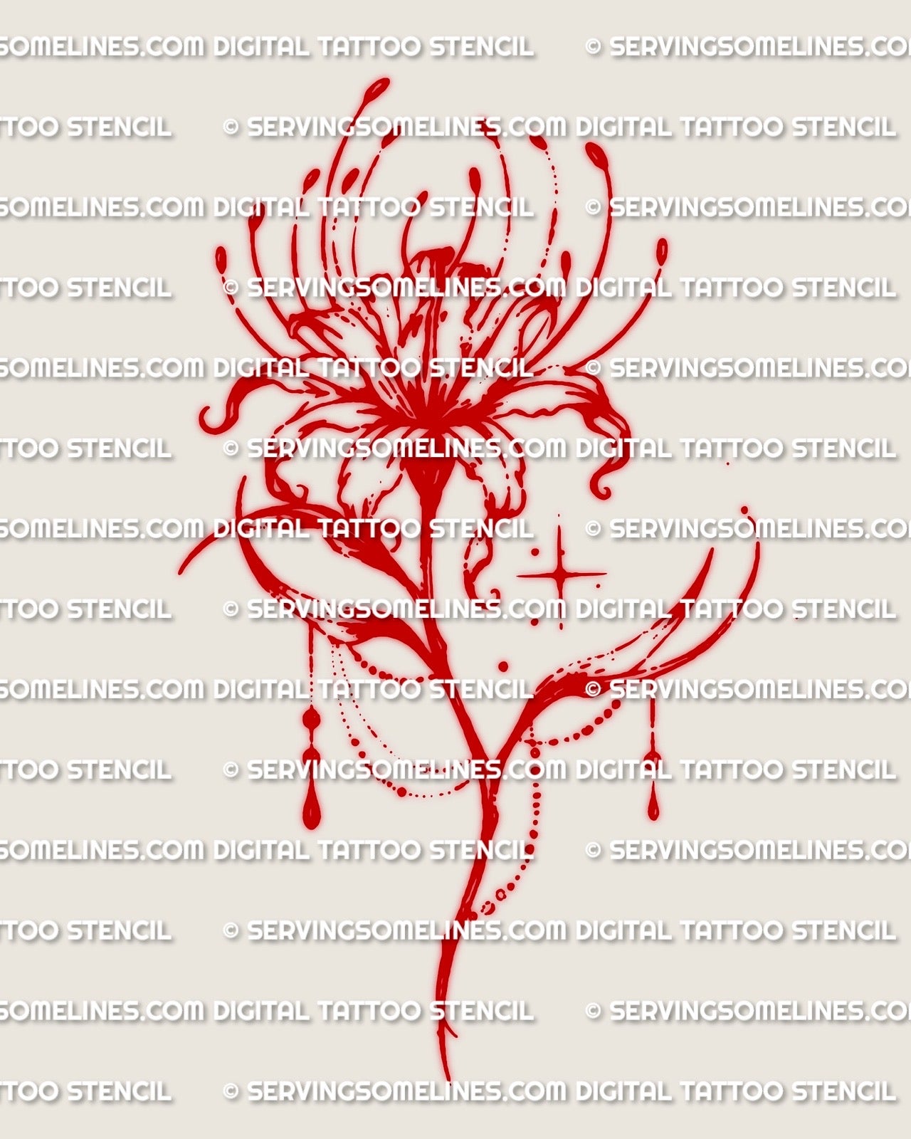 Red lily stencil design, spider lily tattoo stencil with long curling petals, high resolution file for tattoo stencil printing
