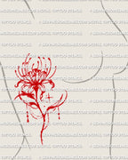 Red lily stencil, shown on womens ribs placement example, spider lily tattoo stencil with long stem and curled petals, download