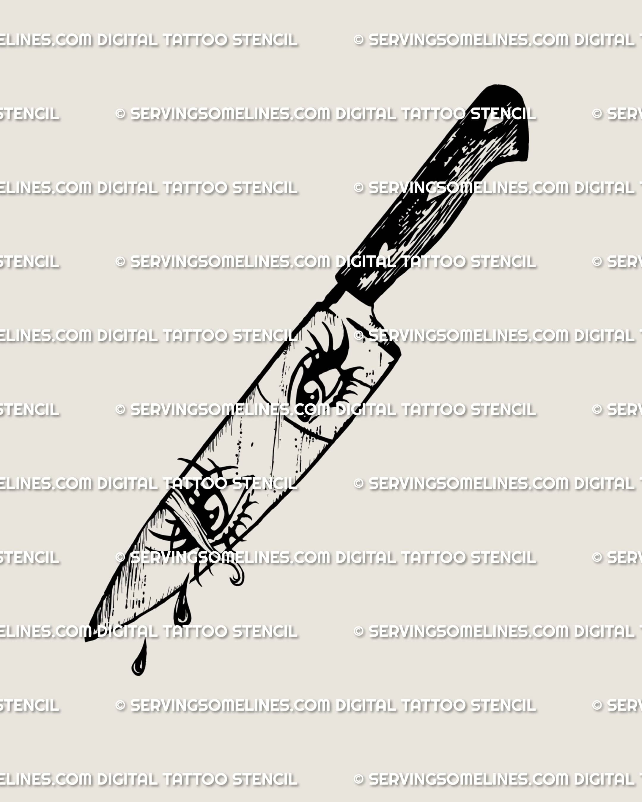 Reflection knife tattoo stencil with crying eyes detail, gothic feminine dagger design blending emotion and dark elegance.