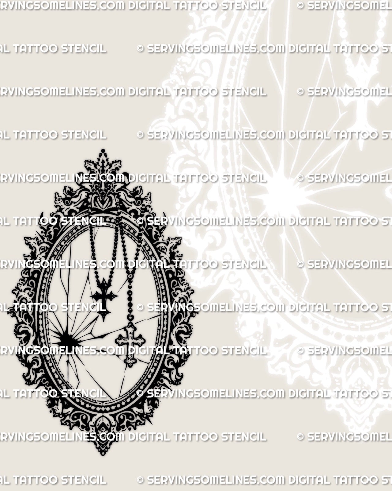Religious gothic tattoo stencil cross design with mirror symmetry and antique detailing, sold as a digital tattoo stencil download
