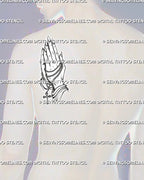 Prayer hands cross stencil shown on men's shoulder, with open spacing, devotional cross detail, and clean placement view.