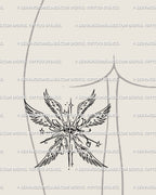 Religious angel wings tattoo idea placed at the thigh, gothic seraph linework with spiky ornamental flow, blending faith and alt style.