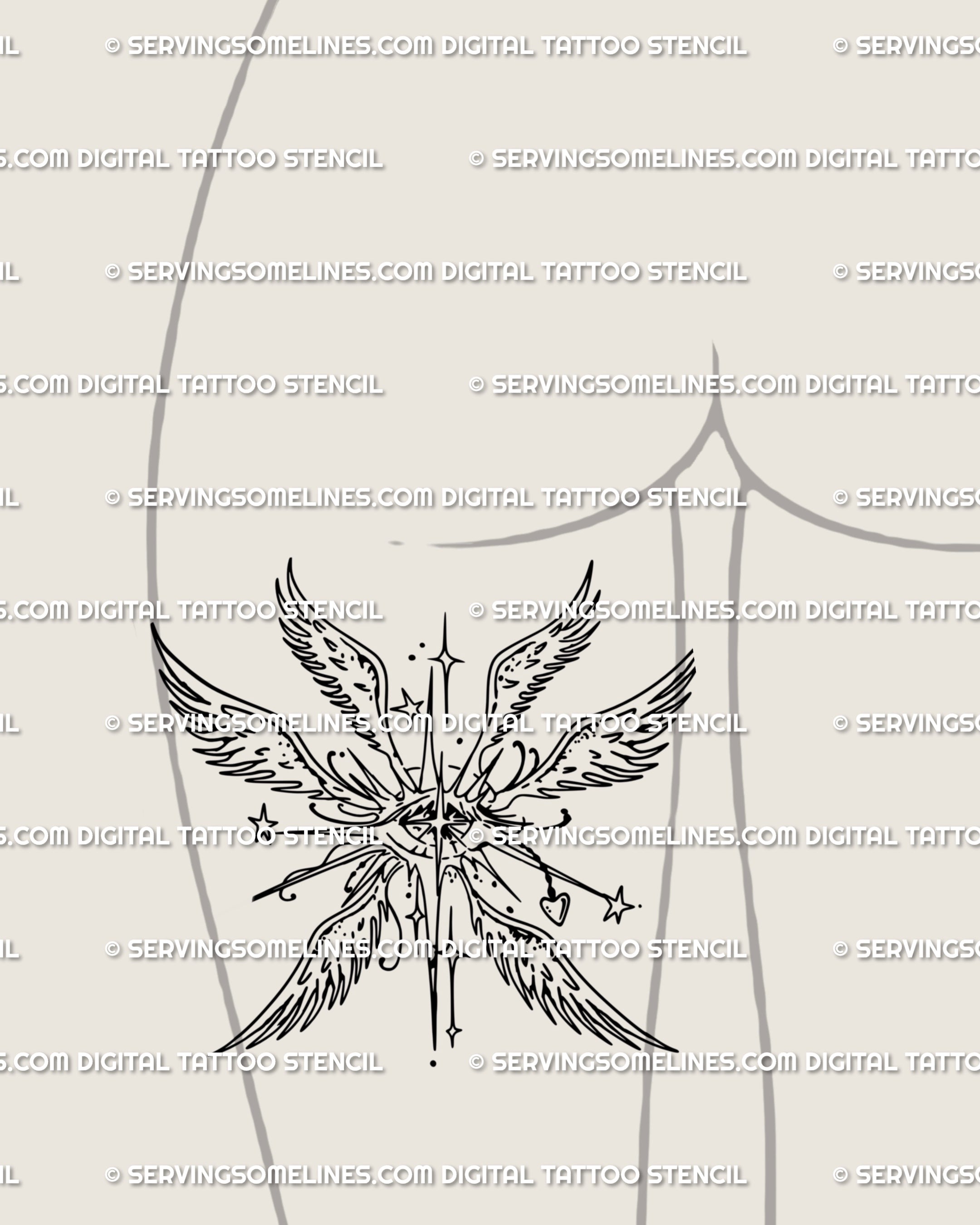 Religious angel wings tattoo idea placed at the thigh, gothic seraph linework with spiky ornamental flow, blending faith and alt style.