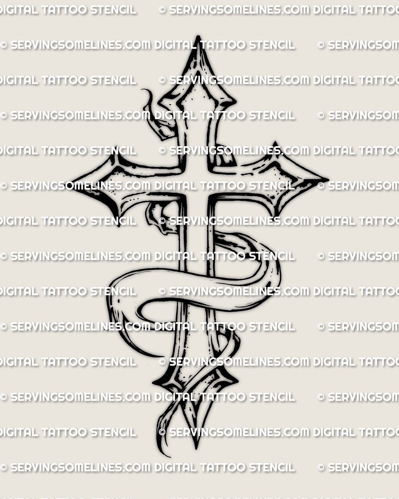Remembrance ribbon cross stencil file, clean memorial cross design with ribbon loop and trailing ends, printable tattoo outline.