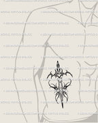 Tattoo mockup on man’s ribs featuring neotribal sword with butterfly wing motifs, symbolic digital tattoo stencil representing courage.