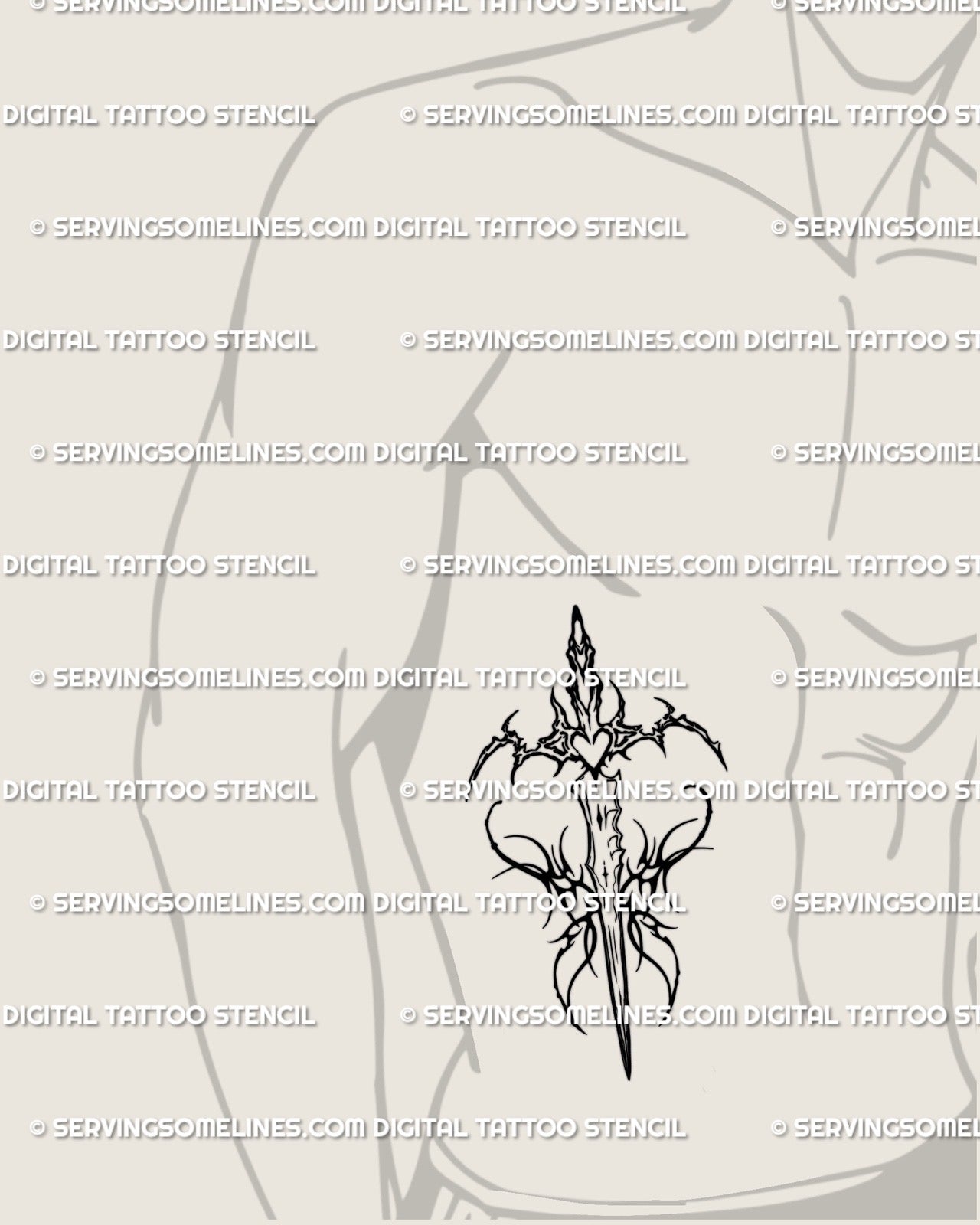 Tattoo mockup on man’s ribs featuring neotribal sword with butterfly wing motifs, symbolic digital tattoo stencil representing courage.