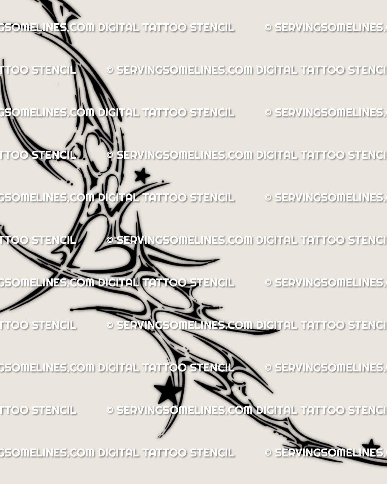 close view of cyber tribal rib tattoo linework showing heart and star accents, soft curved detailing for feminine side torso and underbust placement
