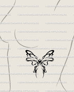 Ribbon bow tattoo design displayed on womens ribs placement preview, soft abstract silhouette with stencil download files.