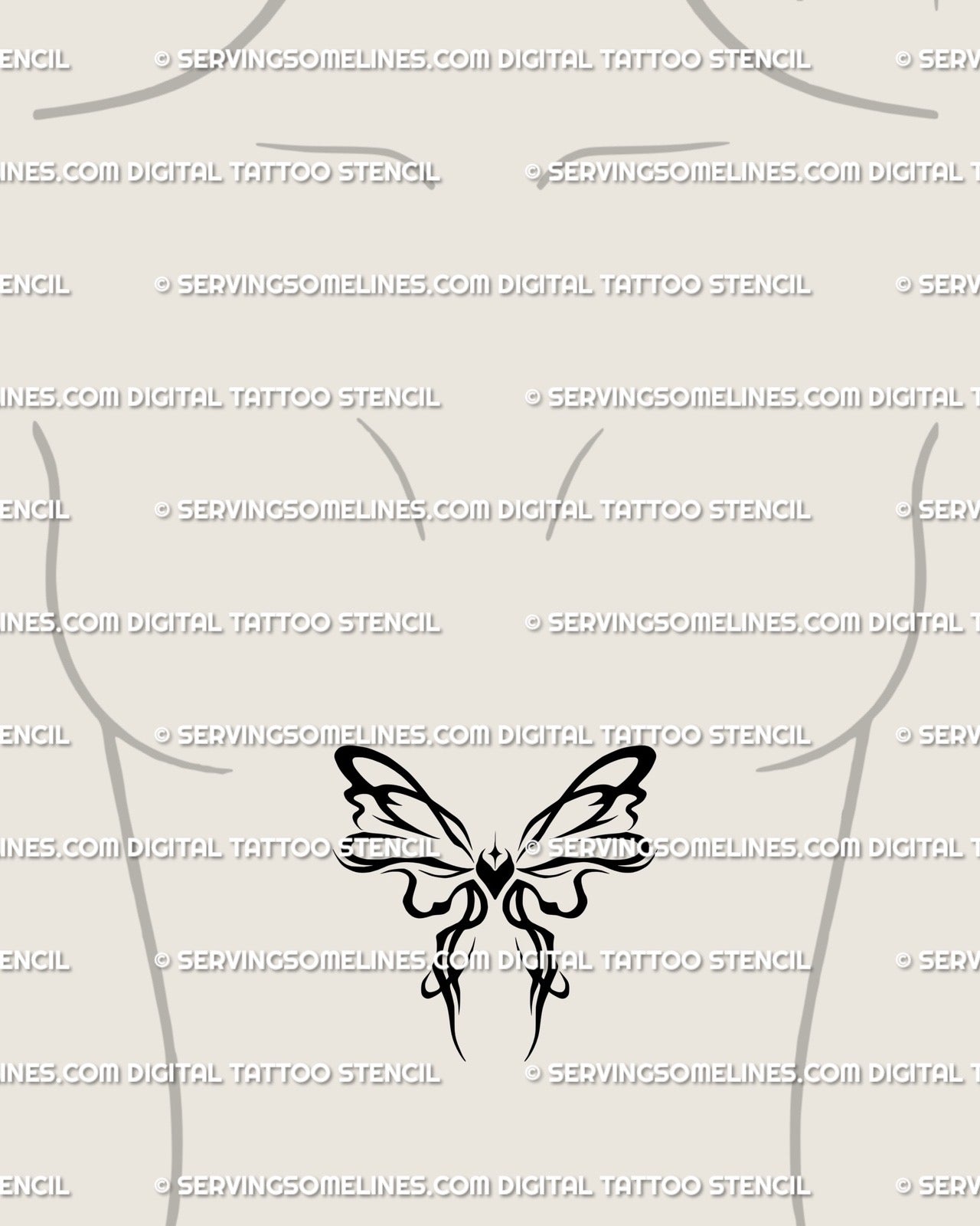 Ribbon bow tattoo stencil displayed on womens sternum placement preview, compact centered design with digital download files.
