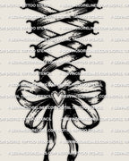 Close-up detail of ribbon lace up corset tattoo on back of legs, bow knot and heart center, spacing stays clear for stencil use.