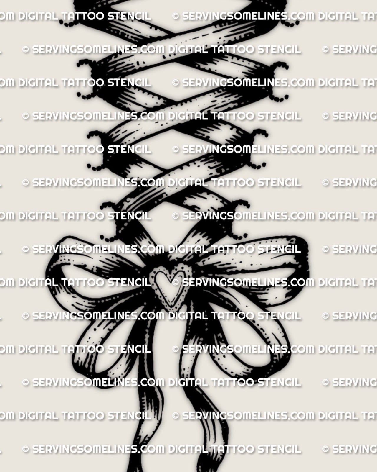 Close-up detail of ribbon lace up corset tattoo on back of legs, bow knot and heart center, spacing stays clear for stencil use.