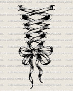 Lace up ribbon corset tattoo stencil design only, bow and small heart detail, clean lines for printing and sizing.