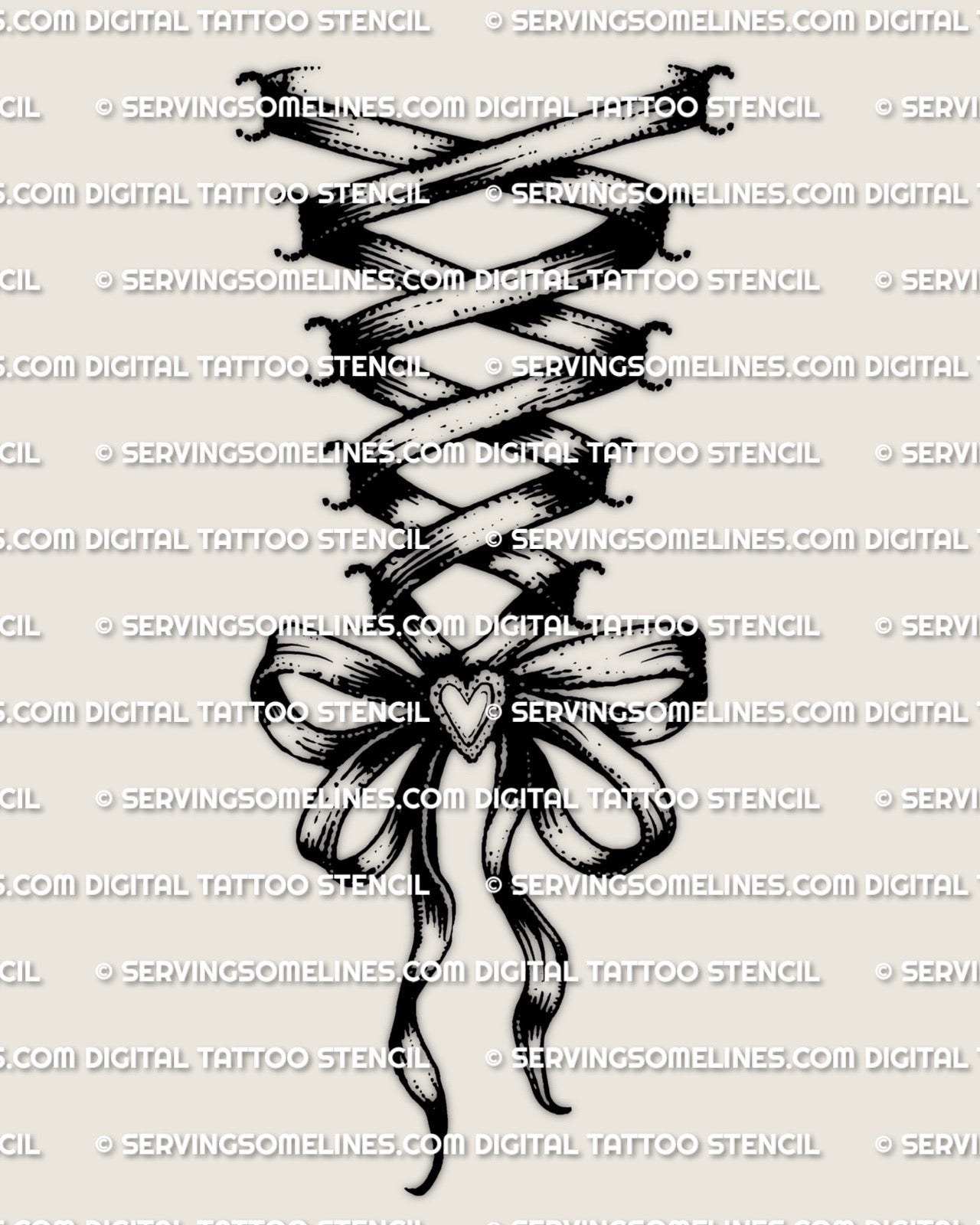Lace up ribbon corset tattoo stencil design only, bow and small heart detail, clean lines for printing and sizing.