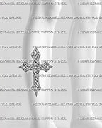 Ringed cross tattoo stencil shown on calf, with interlaced knotwork, clean outer edges, and a strong vertical cross layout.