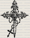 Rosary cross tattoo stencil, gothic ornamental cross with prayer beads draped across arms, high contrast blackwork design.