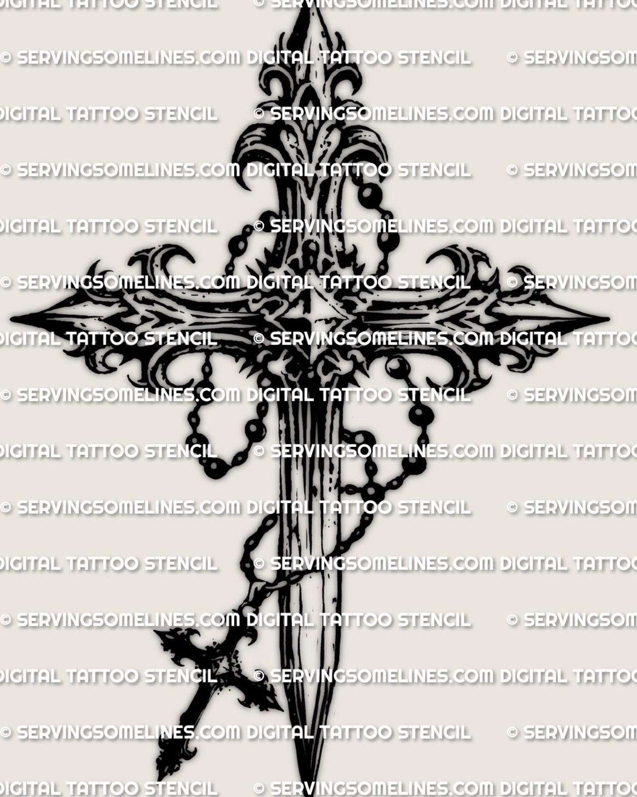 Rosary cross tattoo stencil, gothic ornamental cross with prayer beads draped across arms, high contrast blackwork design.