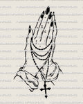 Rosary praying hands tattoo stencil design, long black nails, wrapped bead loops, small charm detail hanging below, high contrast linework.