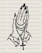 Rosary praying hands tattoo stencil design, long black nails, wrapped bead loops, small charm detail hanging below, high contrast linework.