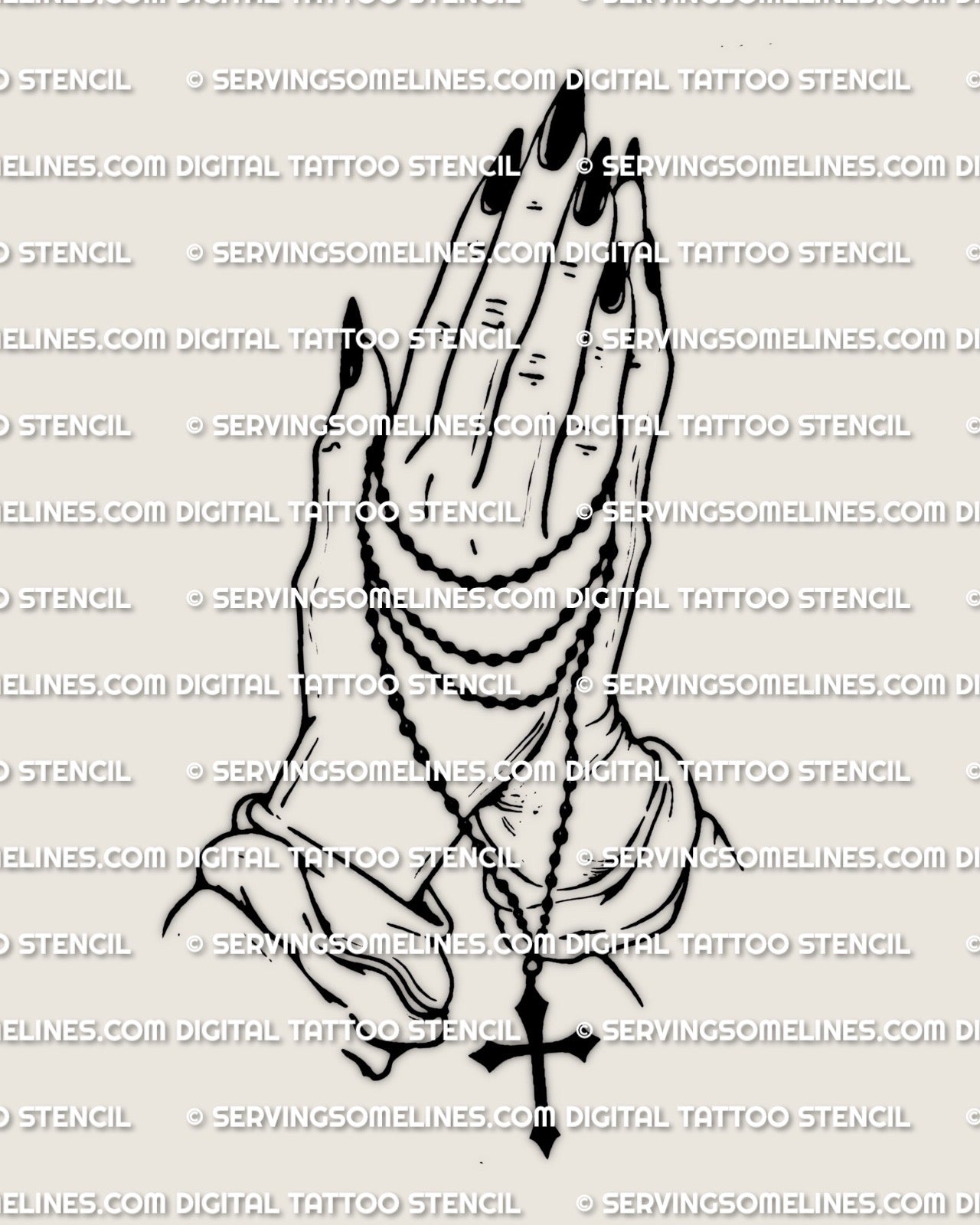 Rosary praying hands tattoo stencil design, long black nails, wrapped bead loops, small charm detail hanging below, high contrast linework.