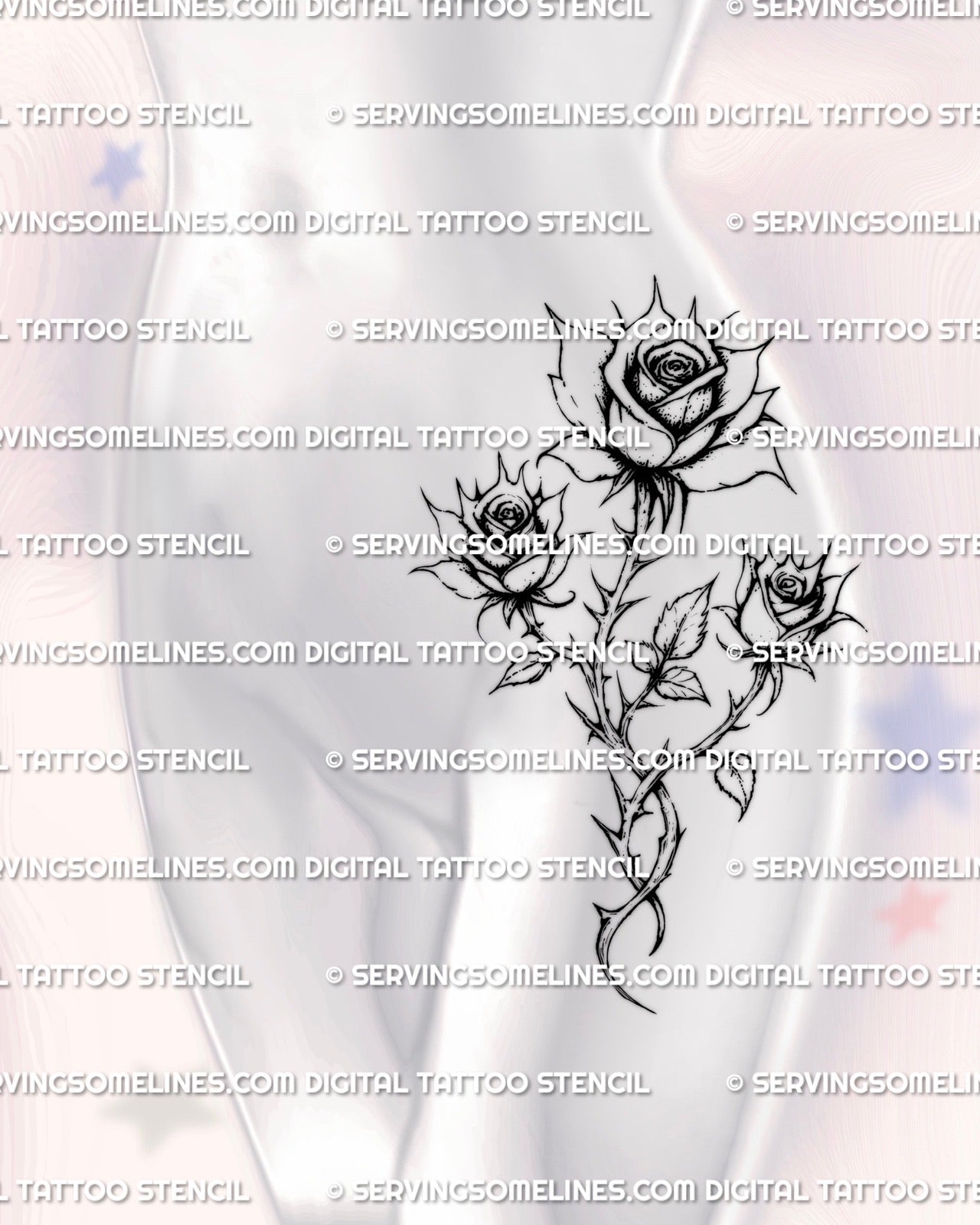 Fine line rose bouquet tattoo stencil displayed on a hip placement example, three rose linework design for feminine floral gothic tattoo buyers