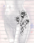 Rose bouquet tattoo shown on women’s hip placement with a readable three-rose arrangement and soft movement