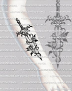 Rose dagger tattoo shown on forearm placement with a clear dagger silhouette, vine wrap, and two roses