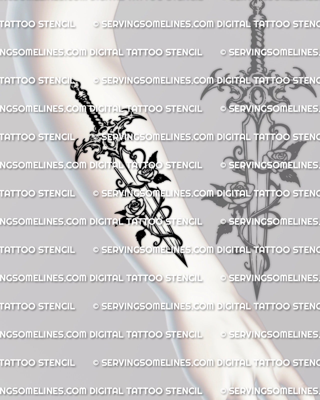 Rose dagger tattoo shown on forearm placement with a clear dagger silhouette, vine wrap, and two roses