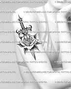 Feminine arm placement preview for dagger through rose tattoo stencil, rose centered, clean silhouette, printable download.