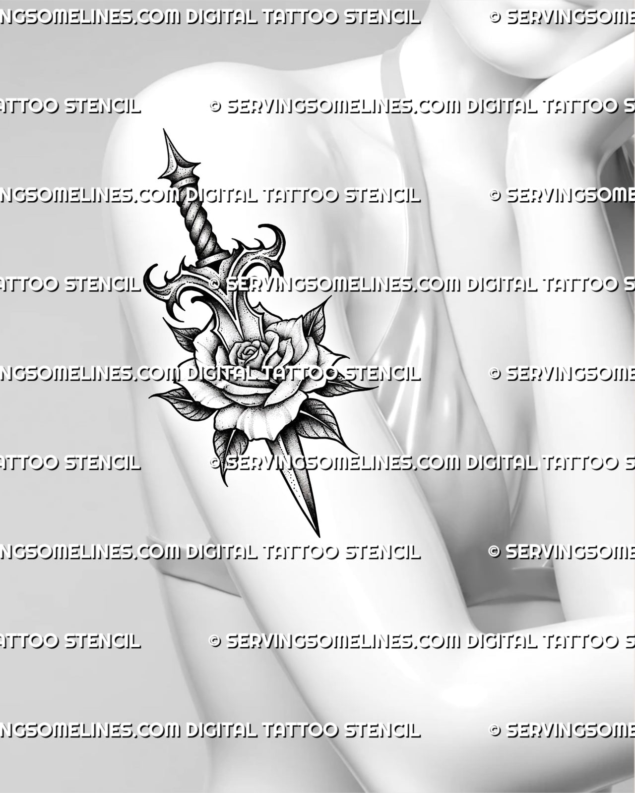 Feminine arm placement preview for dagger through rose tattoo stencil, rose centered, clean silhouette, printable download.