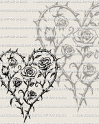 Rose heart tattoo design stencil file, clustered roses and stems create a bold heart outline, high contrast black line drawing.