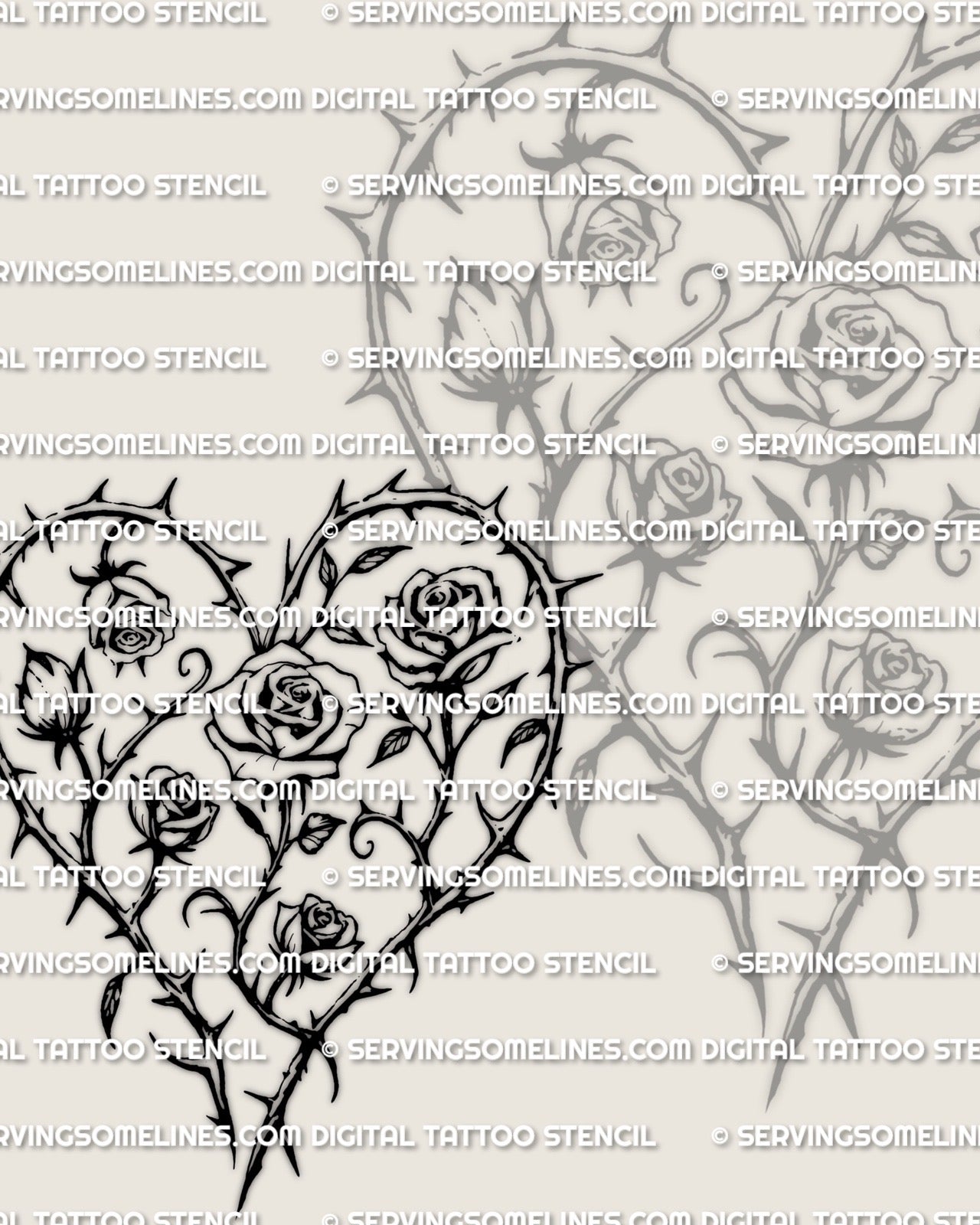 Rose heart tattoo design stencil file, clustered roses and stems create a bold heart outline, high contrast black line drawing.