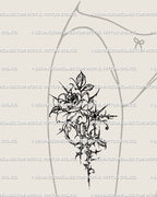 Ornamental rose hip tattoo in cybersigilism floral linework, cybertribal thorns and gothic rose details for feminine body art. 