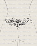 Rose lower back tattoo shown on womens lower back placement, with a central bloom, side vines, and balanced floral spread.