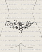 Rose lower back tattoo shown on womens lower back placement, with a central bloom, side vines, and balanced floral spread.