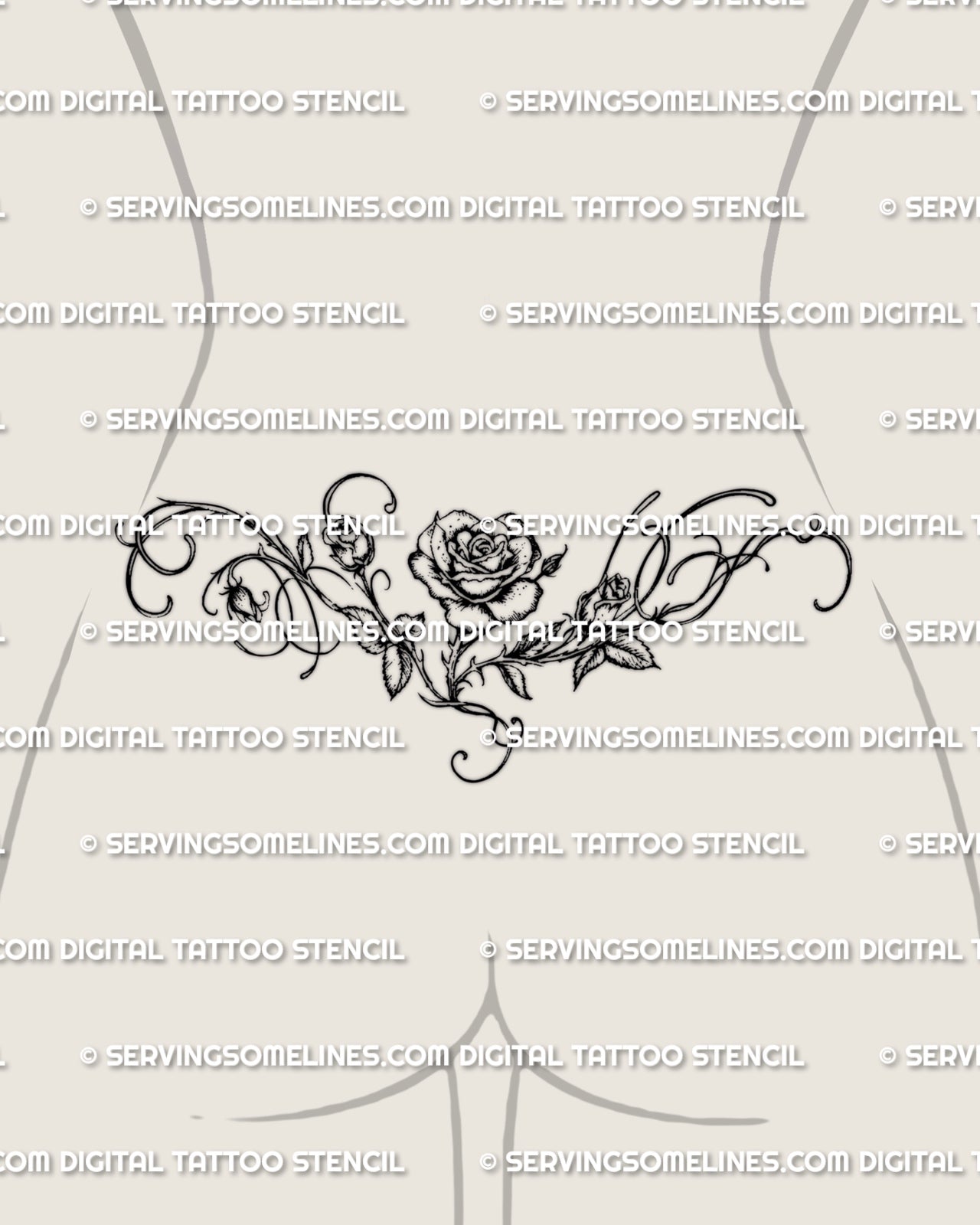 Rose lower back tattoo shown on womens lower back placement, with a central bloom, side vines, and balanced floral spread.