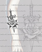 Dagger tattoo rose stencil shown on forearm placement example, rose centered on the blade, print and resize before transfer.
