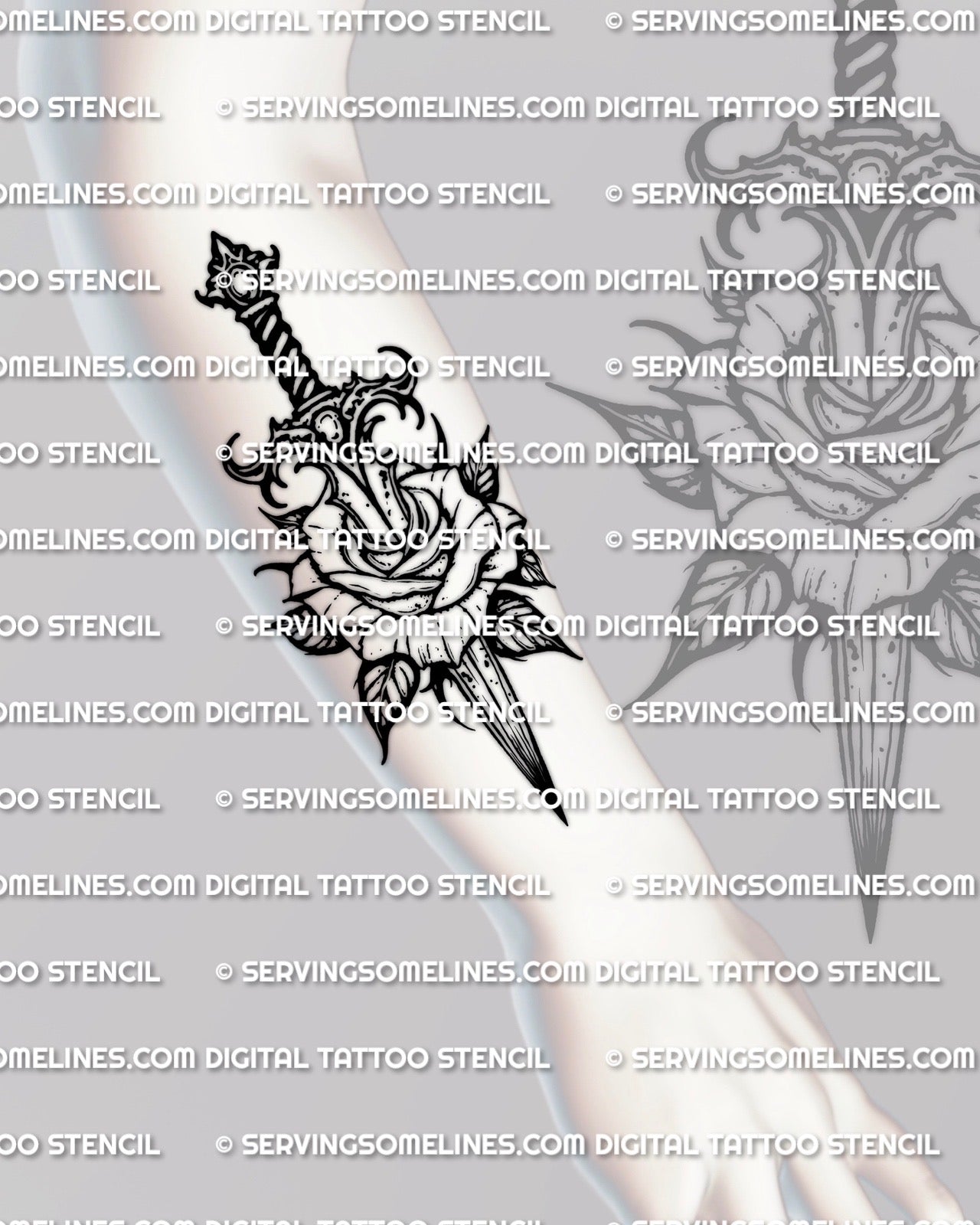 Dagger tattoo rose stencil shown on forearm placement example, rose centered on the blade, print and resize before transfer.