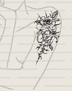 Rose shoulder tattoo design in cybersigilism style with thorned petals and gothic tribal lines, elegant feminine placement idea.